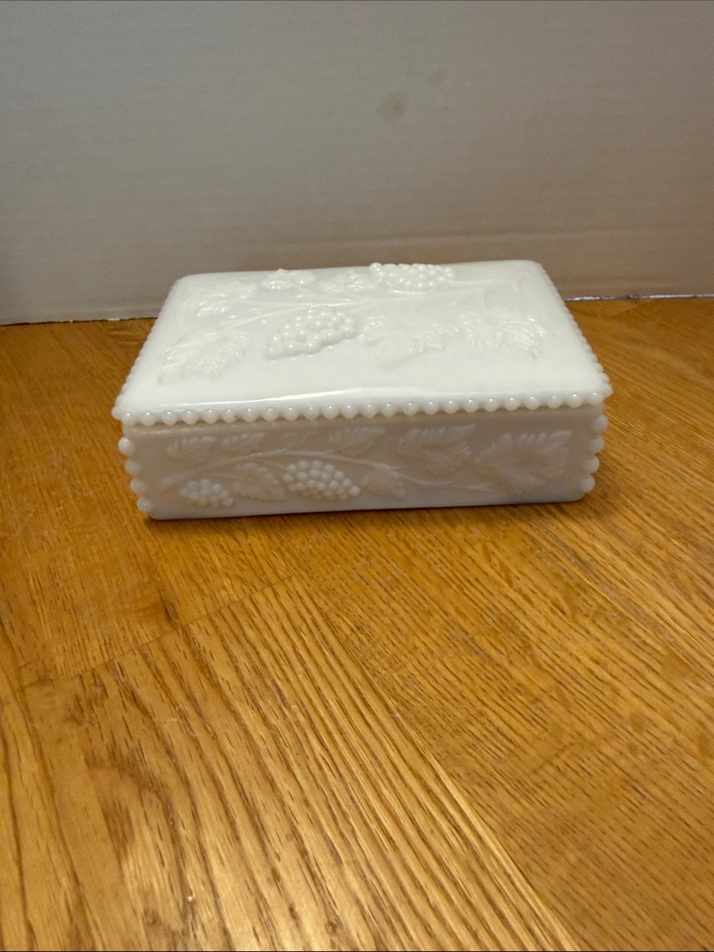 Westmoreland White Milk Glass Trinket Box with Grape Relief